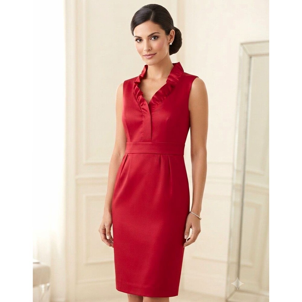 Jessica Howard Red Satin Ruffle V-Neck Sleeveless Sheath Dress
